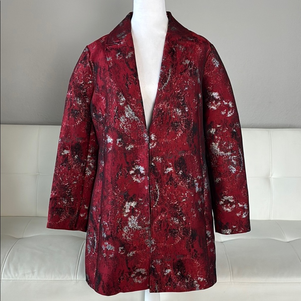 Chico's Burgundy Red and Black Metallic Patterned Blazer Jacket